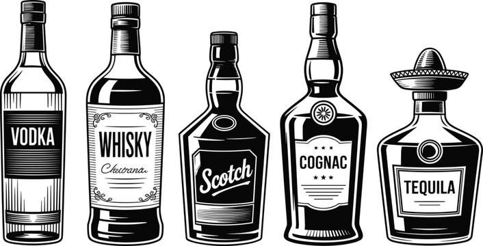 Collection of vintage liquor bottles in black and white