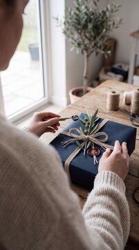 Woman hands wrapping a luxury gift box in dark blue paper with twine string, wax seal, and olive branch decoration at wooden table