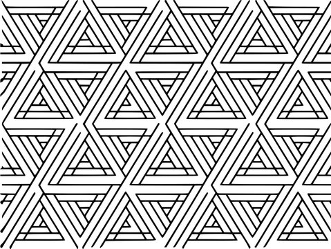 Abstract geometric pattern featuring interlocking impossible triangles in black and white line style