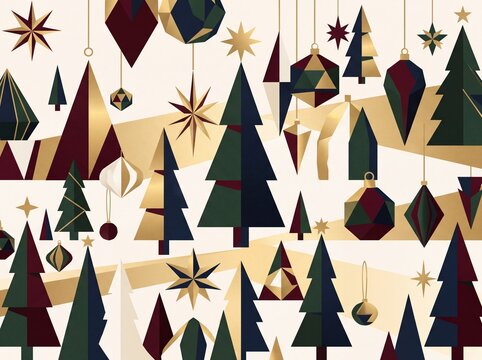 Geometric Christmas forest background with stylized pine trees, gold stars, and hanging holiday ornaments in abstract art deco art style
