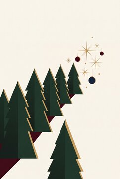 Minimalist Christmas Trees Illustration with Hanging Baubles and Golden Stars on Beige Background