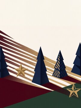 Minimalist Christmas and New Year Winter Holiday Background with Geometric Pine Trees and Golden Stars