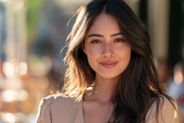 Obraz premium Natural light portrait of a smiling Hispanic woman in an outdoor golden hour scene