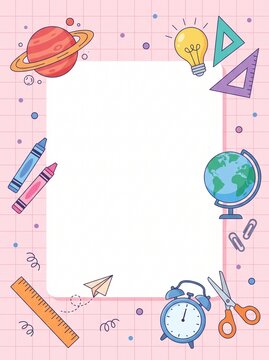 Back to School Poster Template with Cute Educational Supplies and Planet Illustration on Pink Grid Background for Classroom Education and Creative Projects
