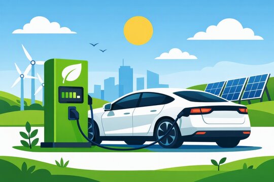 Electric car charging station with solar panels and wind turbines for sustainable energy background and eco transportation banner design