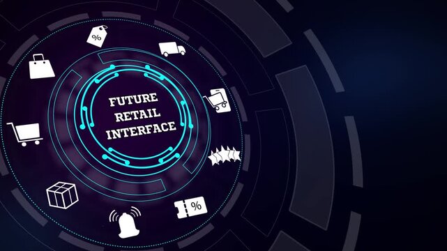 Redefining next-generation shopping experiences using a future retail interface display layout with glowing circular telemetry lines
