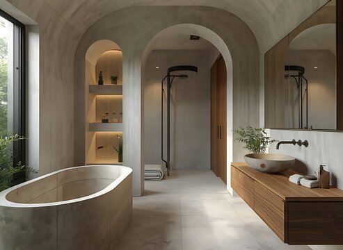 Contemporary wellness bathroom with curved microcement walls, integrated tub, and wooden vanity.