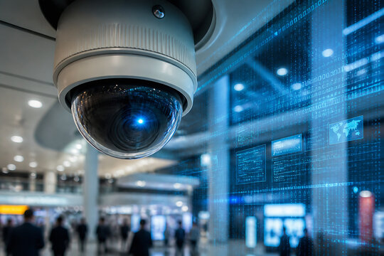 A security camera is mounted in a modern, brightly lit indoor space overlaid with digital code graphics.