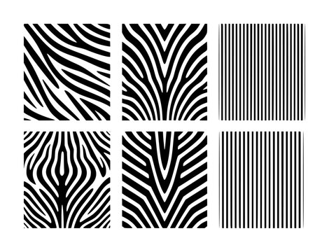 Collection of six black and white seamless patterns featuring zebra stripes and vertical line textures