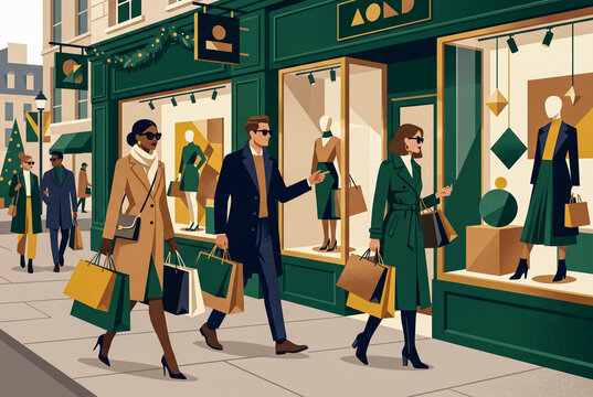 Vector illustration of stylish people carrying shopping bags while walking along high-end boutique storefronts on a city street during holiday season