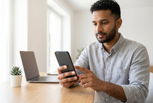 Young man analyzing financial data or stock market trends on his smartphone while working in a bright home office