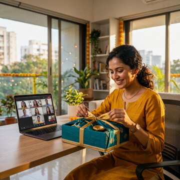 Smiling Indian Woman in Traditional Attire Opening a Festive Gift Box During a Virtual Video Call Celebration at Home