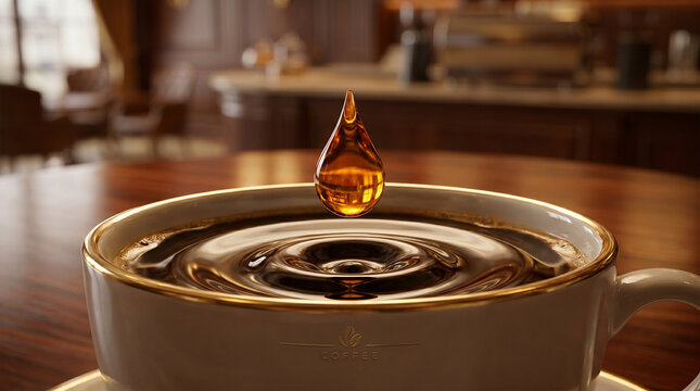 A golden drop of fresh coffee suspended above a white ceramic cup with gold trim, creating ripples on the dark liquid surface in a warm, blurred cafe setting with elegant lighting