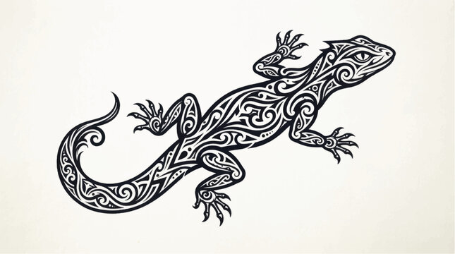 Intricate tribal lizard tattoo design in black and white artwork.
