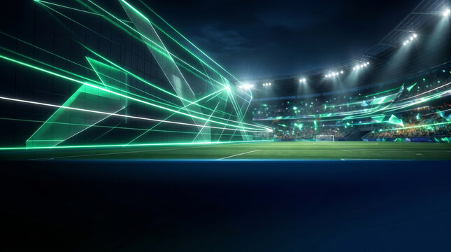 Futuristic football stadium with green neon geometric light structures over the pitch at night