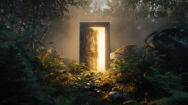 enormous old wooden door standing alone in the middle of a misty forest, warm golden light glowing from the doorway, moss covered stones and ferns