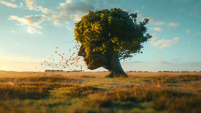 An ancient tree with a trunk and crown shaped exactly like a human head and brain in profile, standing alone in a vast, empty meadow.