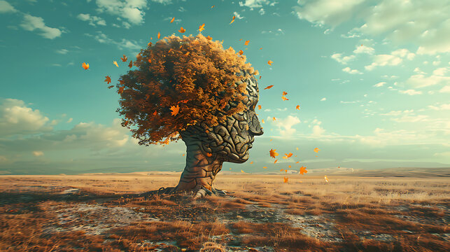 A majestic ancient tree with a trunk and crown shaped exactly like a human head and brain in profile, standing alone in a vast empty meadow.