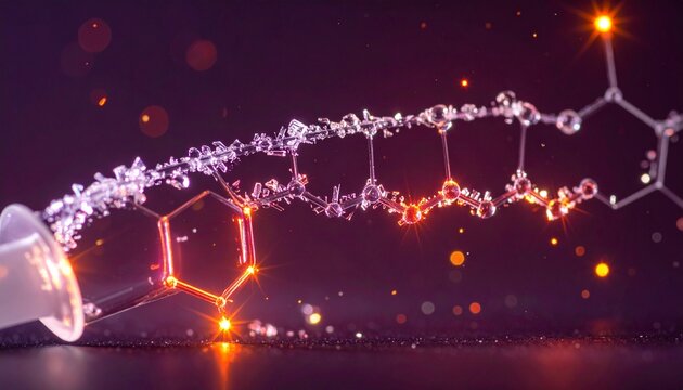 DNA helix and glowing molecular ring in dark space&mdash;symbolizing biological complexity, energy, and the fusion of chemistry and genetics.
