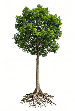 Ramin &mdash; Mature Ramin tree, tall tropical hardwood with dense green foliage, straight trunk and exposed visible roots, 23 ratio, isolated on seamless pure white background.
