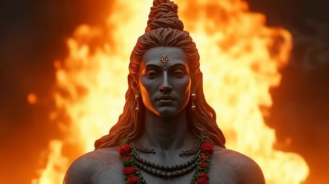 lord shiva STATUE IN FIRE ON BACKGROUND.