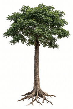 Ayous &mdash; Mature Ayous tree, tall tropical tree with broad dense canopy, sturdy trunk, exposed visible roots, 23 ratio, isolated on seamless pure white background