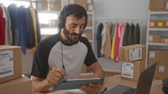 Man writing on tablet with stylus and headset among stacked shipping boxes in warehouse; focused efficiency small business.