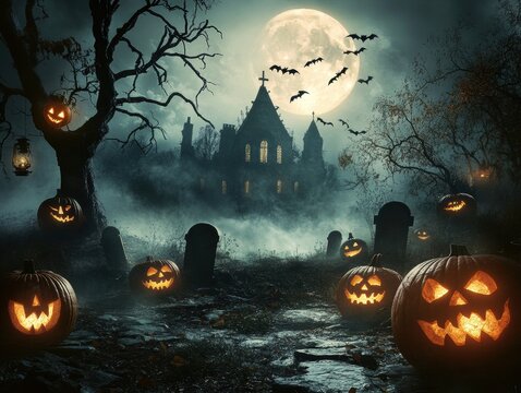 Symmetrical front view of a dark gothic castle standing on a hill under a giant full moon, surrounded by leafless trees on a foggy night.
