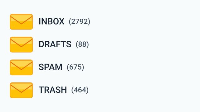 Animated email folder interface showing rapidly increasing message counter for inbox and spam