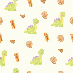 Cute Green Dinosaur Seamless Pattern with Fossils and Prehistoric Elements © Veronika