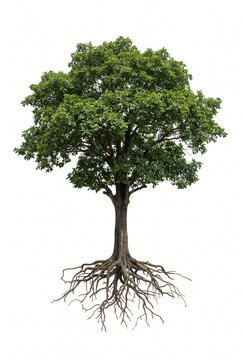 Mun Ebony &mdash; Mature Mun Ebony tree, dense green tropical foliage, sturdy trunk and spreading branches, exposed visible roots, 23 ratio, isolated on seamless pure white background