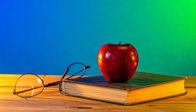 Red apple on closed book beside eyeglasses on wooden surface with blue‑green gradient background&mdash;symbolizing knowledge, clarity, and intellectual curiosity.