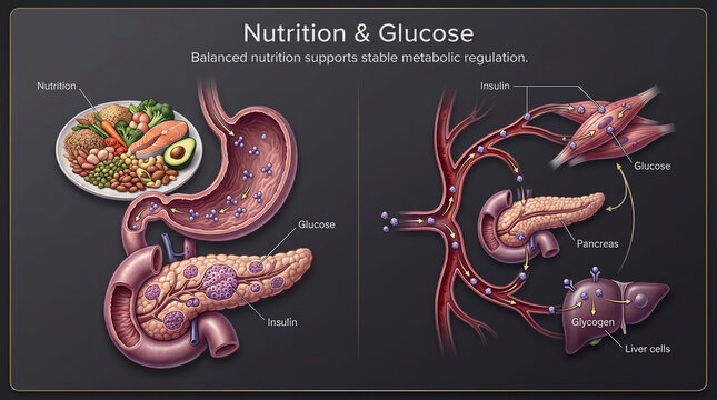 Nutrition and glucose metabolism infographic showing digestion stomach