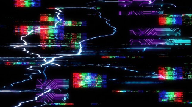 Digital glitch screen with blue lightning strike and colorful abstract data streams on black background for technology concepts and futuristic design.