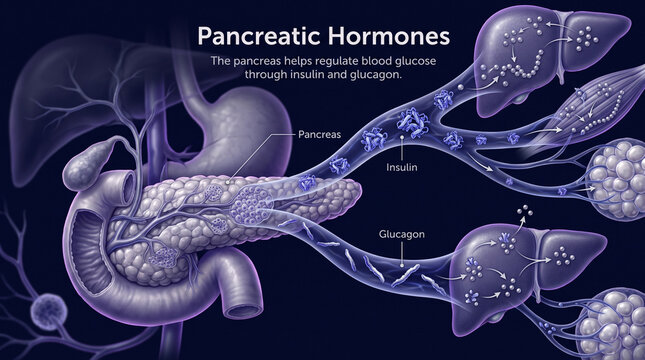 Medical illustration of pancreatic hormones and insulin regulation in the body
