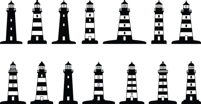 Maritime navigation lighthouse vector silhouettes featuring striped and solid black architectural designs