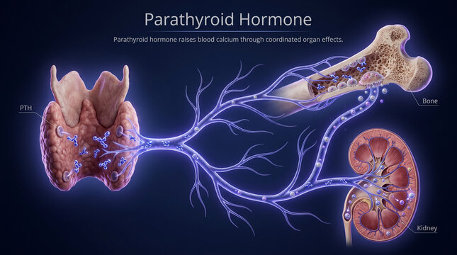 Medical illustration showing parathyroid hormone pathway and bone kidney