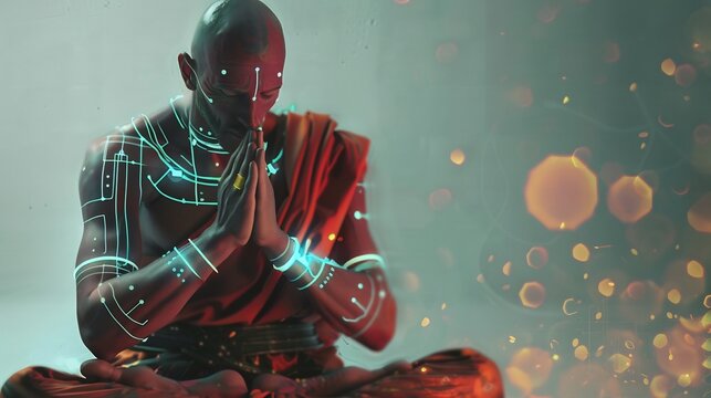 Digital Monk in Meditative Pose with Futuristic Circuitry and Glowing Effects