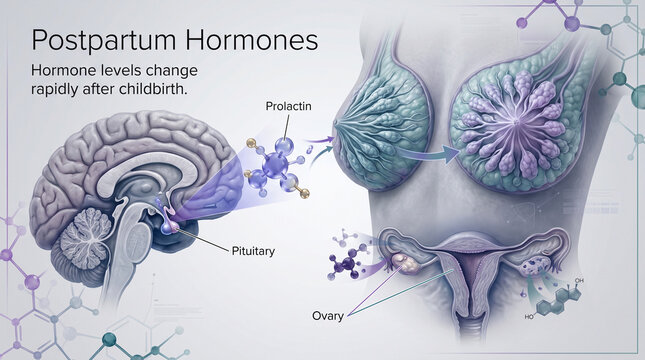 Postpartum hormones medical diagram showing brain and female reproductive system