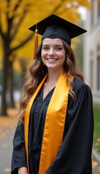 Female college graduate portrait in cap gown and gold sash smiling on campus for graduation ceremony background and commencement announcement design