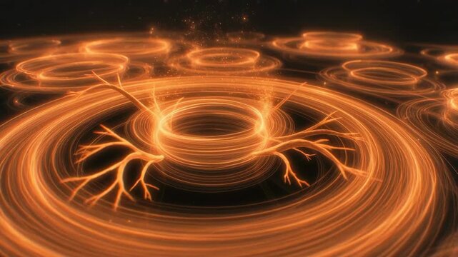 Glowing orange energy rings swirling in digital style on dark backdrop, symbolizing motion and futuristic energy flow