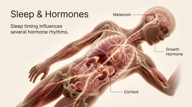 Medical infographic of sleep and hormones showing melatonin and growth hormone