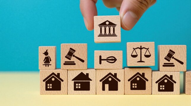 Hand places courthouse block on stacking wooden cubes. Building and justice symbols represent legal system, property law, court decisions, and rights.