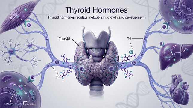 Medical infographic showing thyroid hormones t3 and t4 and target organs