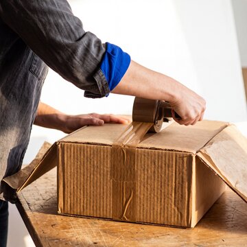 Person sealing a cardboard box with adhesive tape dispenser on a wooden table for shipping and delivery