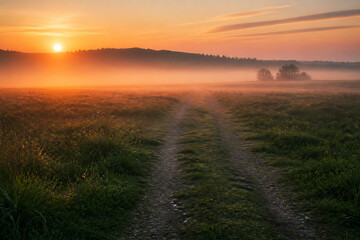 Obraz premium A misty sunrise over a grassy field with a dirt path leading into the fog.