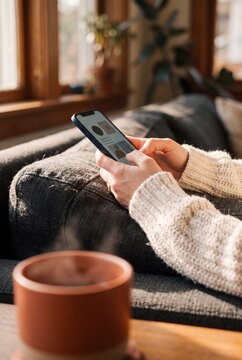 Close up of a person holding a smartphone on a sofa at home with a warm cup of hot coffee steaming in the foreground