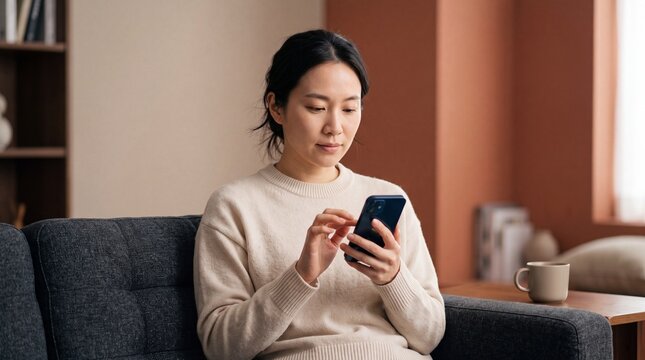 Focused Asian woman using a smartphone while sitting comfortably on a couch in a cozy home environment