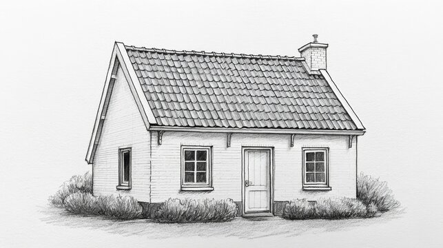 Hand-drawn pencil illustration of a simple home with tiled roof