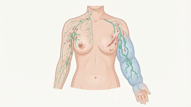 Lymphatic system shows lymph nodes and vessels with focus on cancer effects and lymphedema in the arm.